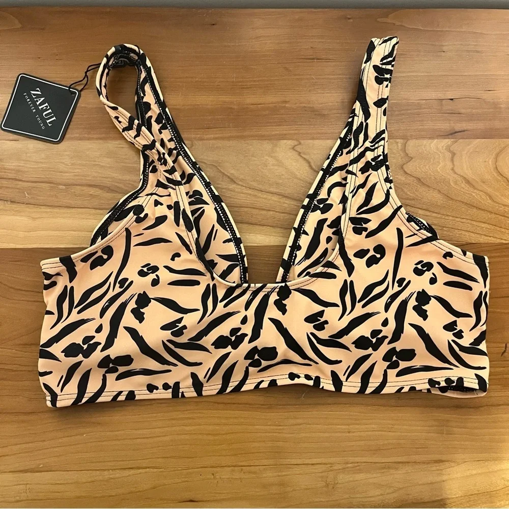 Zaful Animal Print Plunge Bikini‎ Top Tan Black Size 8 NEW